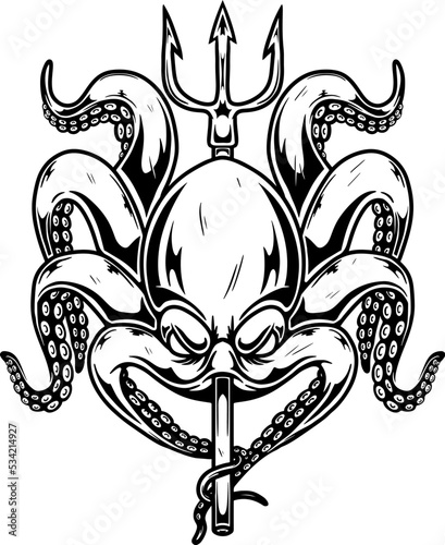 Illustration of octopus with poseidon trident. Design element for poster, card, banner, emblem, sign. Vector illustration