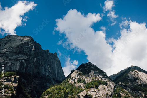 Granite rocks mountain walls in an alpine italian Val di Mello valley