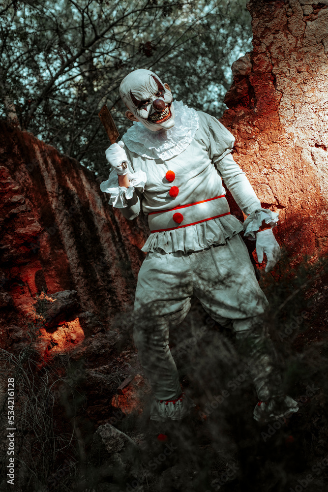 evil clown menacing with a rusty cleaver