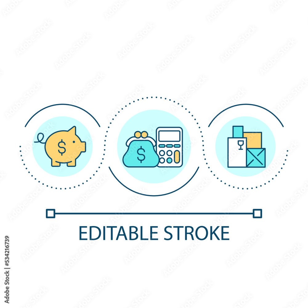 Saving money loop concept icon. Budget management. Financial literacy. Manage expense abstract idea thin line illustration. Isolated outline drawing. Editable stroke. Arial font used Saving money loop concept icon. Budget management. Financial literacy. Manage expense abstract idea thin line illustration. Isolated outline drawing. Editable stroke. Arial font used