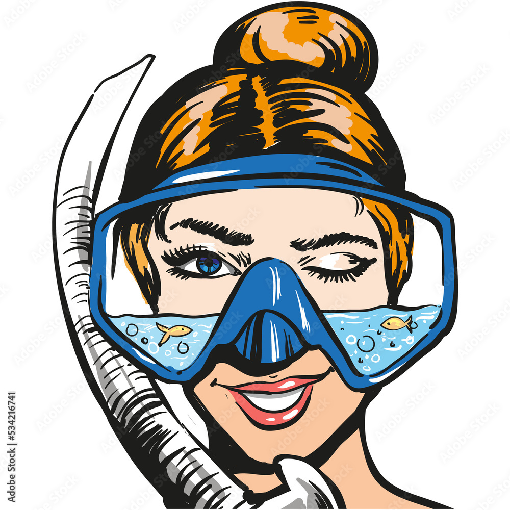 Woman scuba diver pop art vector icon isolated on white