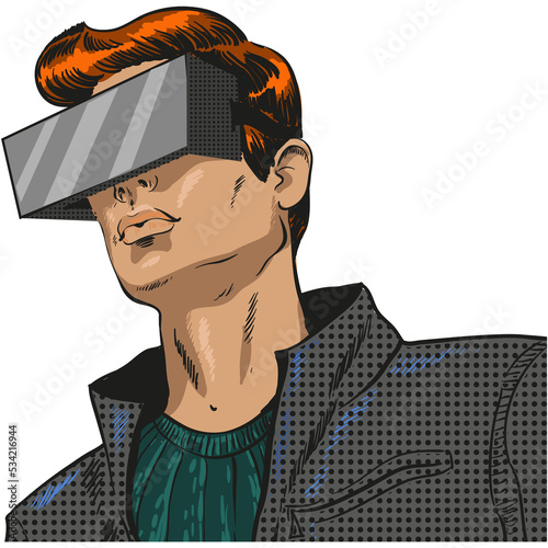 Man in vr goggles headset vector pop art style
