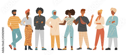 Diverse group of people concept vector illustration. Business multinational and multiracial team. Man and woman of various race in casual outfits. Community of different people