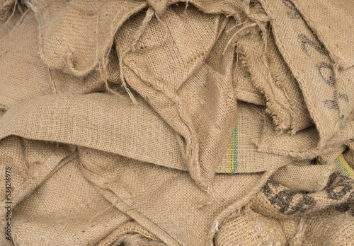 Recycling background from old jute bags or sacks burlap ready for reuse sustainability natural fibre