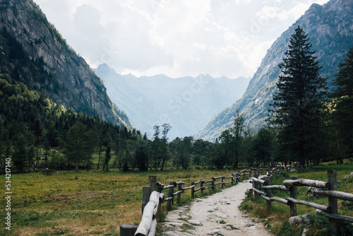 Alpine landscape countryside in sunny summer day in Val di Mello, Lombardy, Italy.