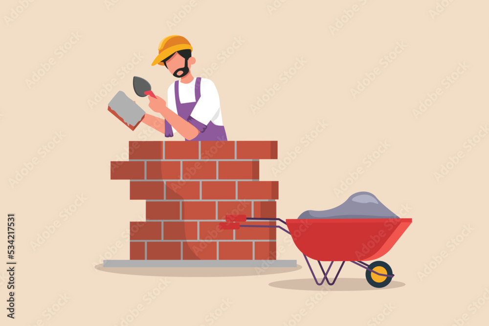 Construction worker layering brick masonry with cement. Construction ...