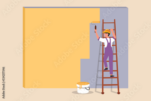 Construction worker painting the wall of the house with paint roller and wooden vintage ladder. Construction and building concept. Flat vector illustrations isolated. 