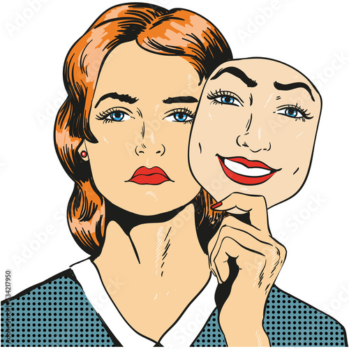 Sad woman with happy face mask vector icon on white