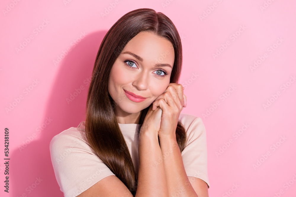 Portrait photo of charming young cute adorable lady touch cheeks hands together dreamy look you feelings valentine isolated on pastel pink color background Portrait photo of charming young cute adorable lady touch cheeks hands together dreamy look you feelings valentine isolated on pastel pink color background