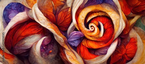 Abstract flower fantasy of petal swirls, vibrant bright autumn colors of burnt orange, red, touch of emerald green and sunflower yellow. Gorgeous decoration & blooming beautiful design background.