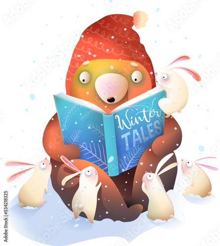 Bear teacher reading book to rabbits in winter, storytelling illustration for children library or school. Cute reading animals clipart cartoon for children. Vector art for kids.