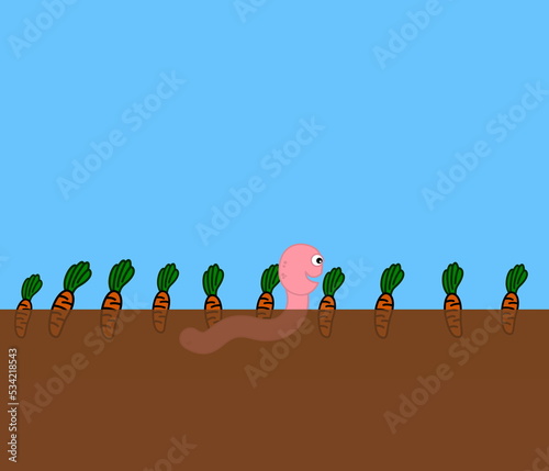 A smiling pink worm stirring up the soil in a vegetable field - illustration