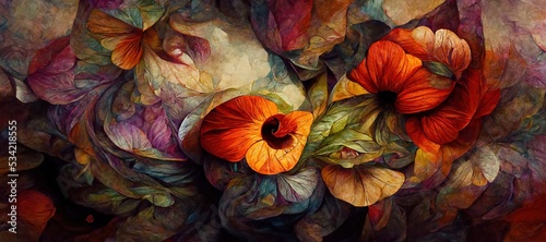 Abstract flower fantasy of petal swirls, vibrant bright autumn colors of burnt orange, red, touch of emerald green and sunflower yellow. Gorgeous decoration & blooming beautiful design background. © SoulMyst