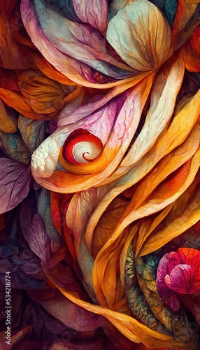 Abstract flower fantasy of petal swirls, vibrant bright autumn colors of burnt orange, red, touch of emerald green and sunflower yellow. Gorgeous decoration & blooming beautiful design background.