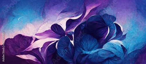 Stampa su tela Abstract pansy flower fantasy of petal swirls, vibrant bright spring colors of violet purple and midnight blue