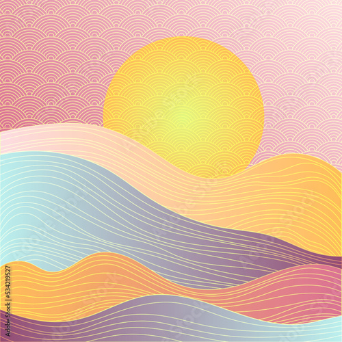 Chinese style scenery with traditional sky clouds pattern, mountain hills.