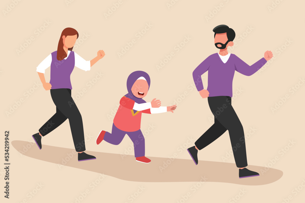 Happy little girl play jogging with his family. Family time concept. Colored flat graphic vector illustration isolated.