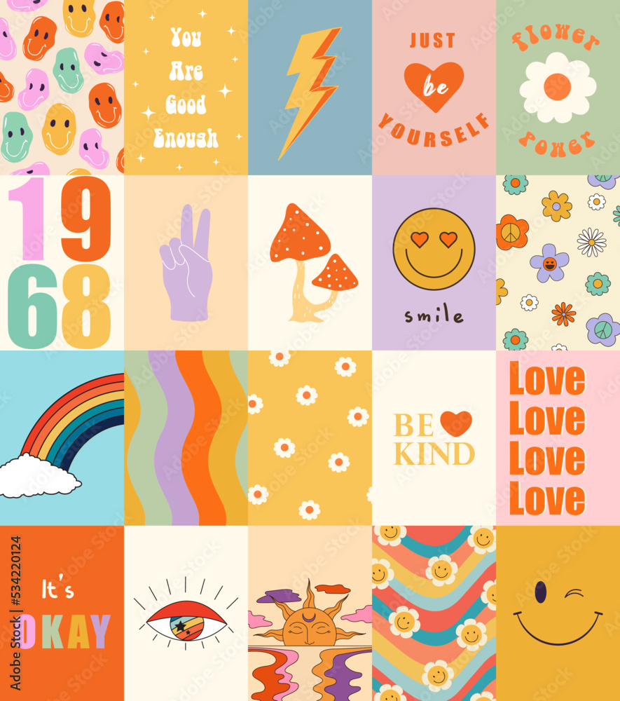 Set of colorful groovy posters in 70s and 60s hippy art style. Psychedelic flowers, emoji, mushrooms, eyes and positive phrases illustrations for prints and cards. Vintage nostalgia vector postcards