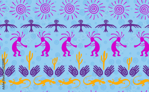 Kokopelli with flute  pangolin  hawk  sun symbol  hands and plant tribal vector seamless pattern.