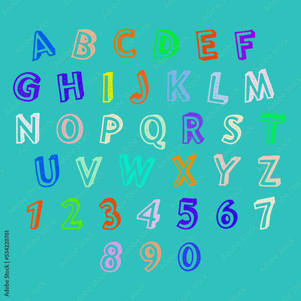Fototapeta Elegant  and classic upper case letters, colorful fonts 
A-Z - abcd ... multi color Alphabets and numbers 