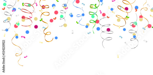 Shiny colorful border with falling confetti and streamers isolated on transparent background