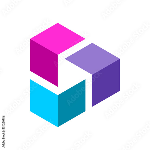 Play triangle symbol inside 3D cube elements. Isometric block shapes make unity. Colorful business logo. Technology and media industry. Play video button for mobile app. Vector illustration, clip art.