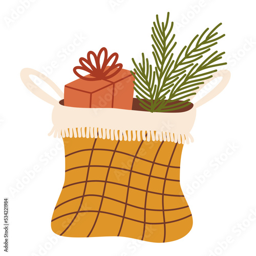 Wicker basket with Christmas gifts in boho style. Decor for home, interior, decorations and Christmas. Hand drawn illustration isolated on the white background