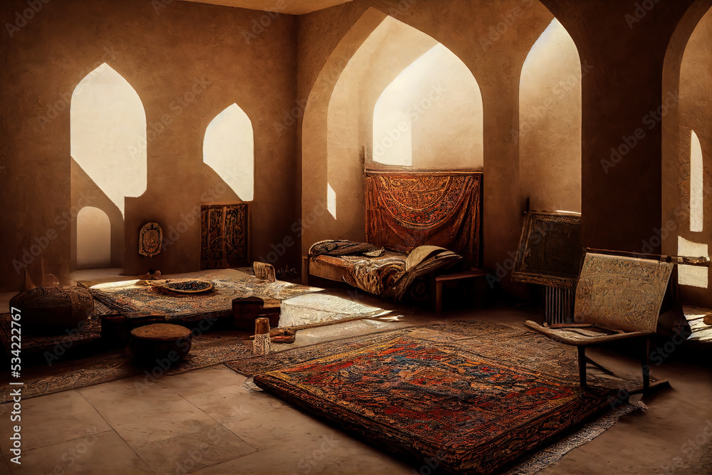 Persian interior space with light coming from outside. Chairs and