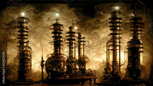 Fotografie Power plant, facility, futuristic llaboratory in cyberpunk style, golden style, mad doctor scientist facility for use in book content, magazine, movies or games, beautiful grunge, steampunk