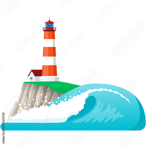 Lighthouse vector with sea or ocean landscape illustration
