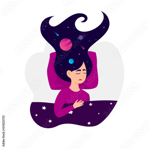 Simple character of woman sleeping in bed with universe starry night in hair. Sweet dreams concept. Flat vector illustration