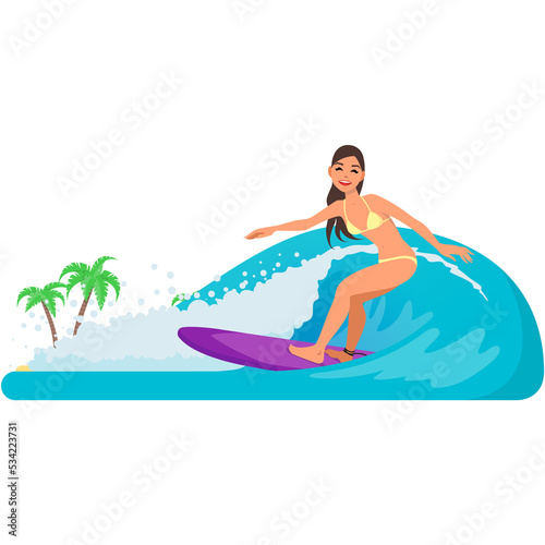 Vector woman surfing in wave illustration isolated on white