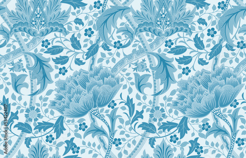Floral seamless blue pattern with big flowers on light background. Vector illustration.