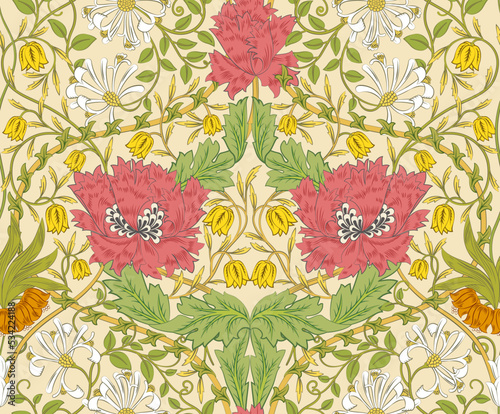 Floral seamless pattern with big red flowers on light background. Vector illustration.