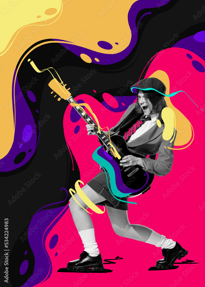 Naklejka premium Contemporary art collage. Expressive young girl playing guitar. Multicolored splashes design