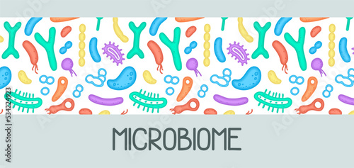 Microbiome illustration of bacteria. Vector image. Gastroenterologist. Bifidobacteria, lactobacilli. Lactic acid bacteria. Illustration in a flat style. photo