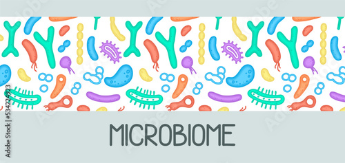 Microbiome illustration of bacteria. Vector image. Gastroenterologist. Bifidobacteria, lactobacilli. Lactic acid bacteria. Illustration in a flat style.