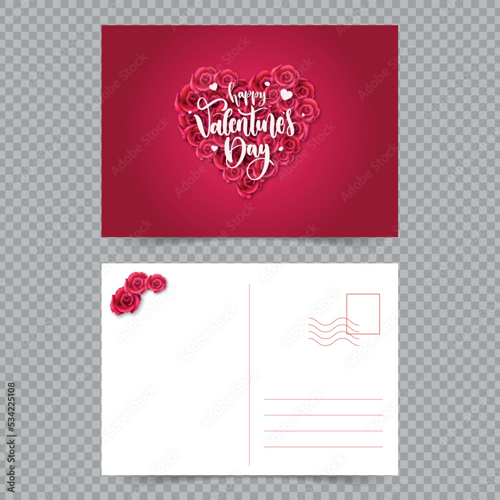 Vector happy valentine's day postcard template. Greetings card valentine's day design with back of airmail blank postcard. a5 printable template