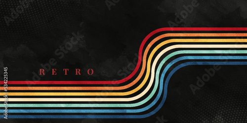 Abstract colorful 80s 70s wallpaper vector. Vintage retro style background with lines, rainbow stripes and  geometric shapes. 1970s colours design for poster, banner, decorative, wall art.