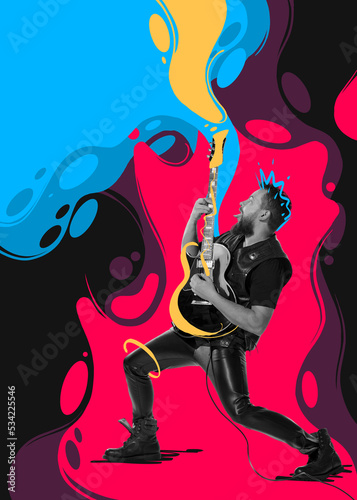 Contemporary art collage. Young emotive man  rock musician playing guitar  performing. Colorful color splashes design