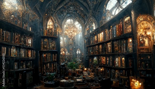 Foto Alchemist sorcerer giant library, esoteric library with spell books, potion recipes, mystical art