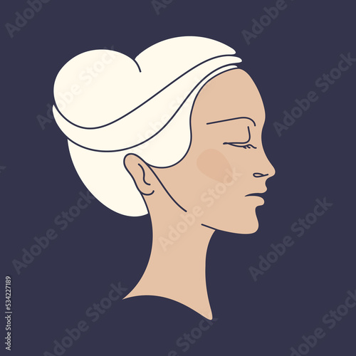 Senior woman face.Hair salon, beauty studio, makeup illustration.Fashion, cosmetics, spa, skin care icon. White, gray hair bun.Mature lady portrait.Beautiful white hairstyle model.Glamour logo.