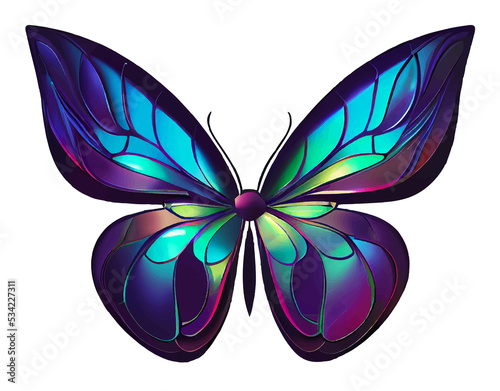 Magical glowing neon and fluorescent butterfly in top view . Butterfly on a white background