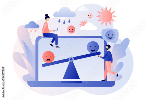 Mood swings. Emotions change. Emotional balance. Psychology disorder, mental problem, stress, anxiety and life crisis. Bipolar emotion. Modern flat cartoon style. Vector illustration 