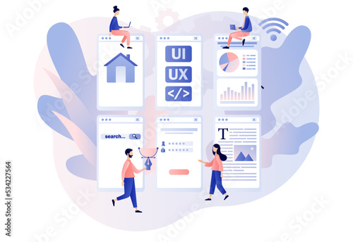Web UI-UX design pages. Mobile app development, coding, application design, web building concept. Modern flat cartoon style. Vector illustration on white background