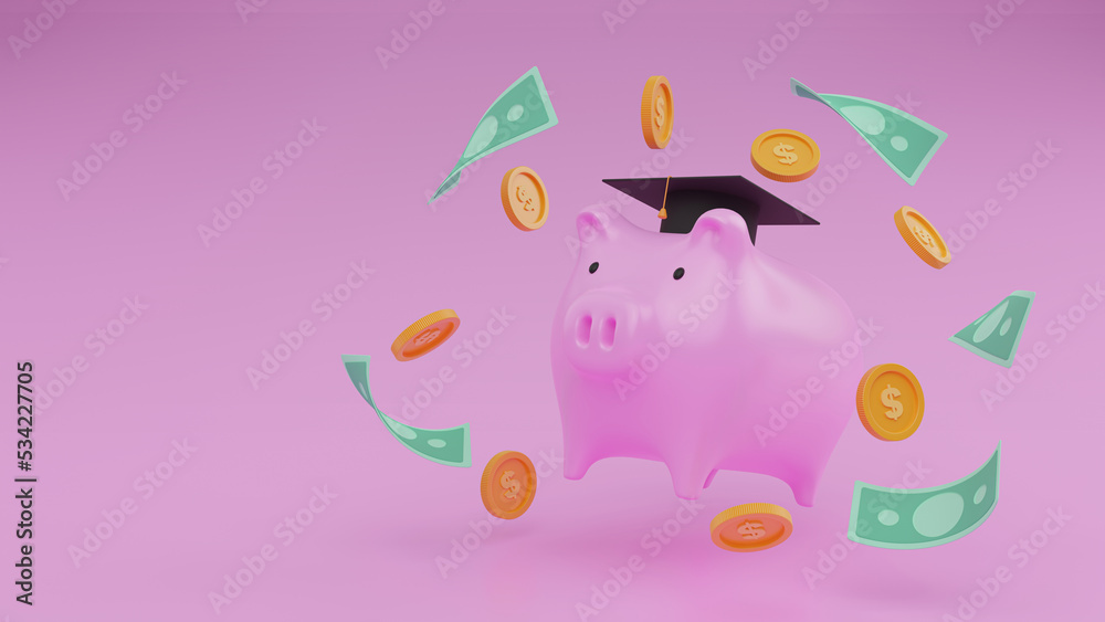 3D render of realistic pink piggy bank pig sideways with surround gold coins with empty space for the text. Concept of financial savings and banking economy. 3D render of realistic pink piggy bank pig sideways with surround gold coins with empty space for the text. Concept of financial savings and banking economy.