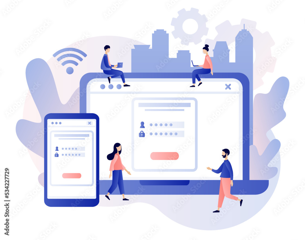 Account login and password on smartphone and laptop screen. Data protection, Cyber security, online registration, confidentiality concept. Modern flat cartoon style. Vector illustration 