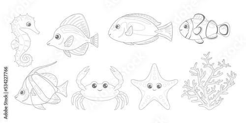 Coloring page outline of coral reef fish. Set of crab  starfish  bannerfish  blue tang  zebrasoma  clownfish  seahorse and corals. Outlined vector cartoon illustration of ocean life. Coloring book