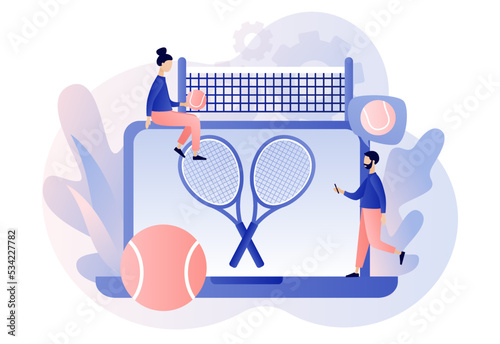 Tennis court, tennis rackets and balls. Sport club online. Group activity, training. Championship and tournament. Modern flat cartoon style. Vector illustration on white background