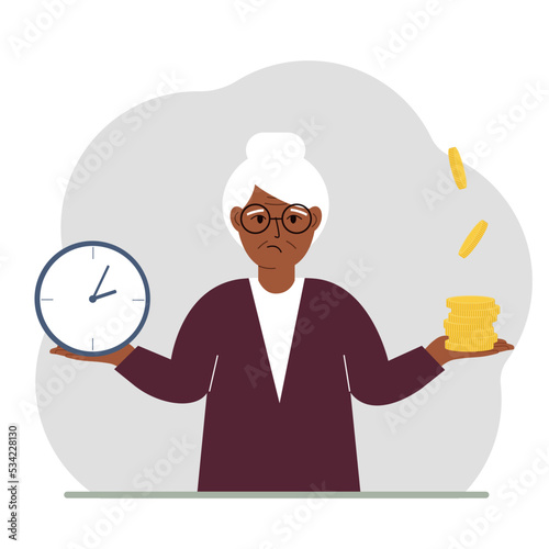 A old woman makes a decision or chooses between two options or alternatives, a watch and a pile of coins. The concept of time or money, the balance between work and leisure.